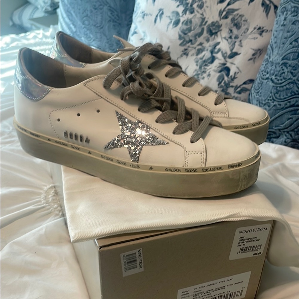 Golden Goose White Leather Sneakers with Silver Glitter Star